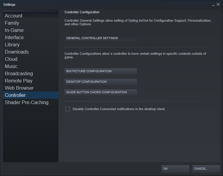 Steam Controller Settings Menu greyed out